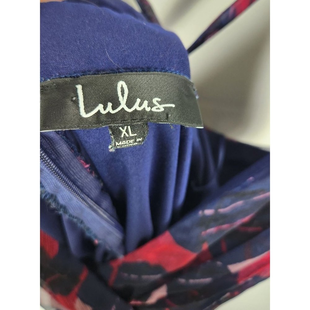 Lulus Women's Sz. XL Britannia Navy Blue Print Chiffon Skater Dress - Picture 5 of 9